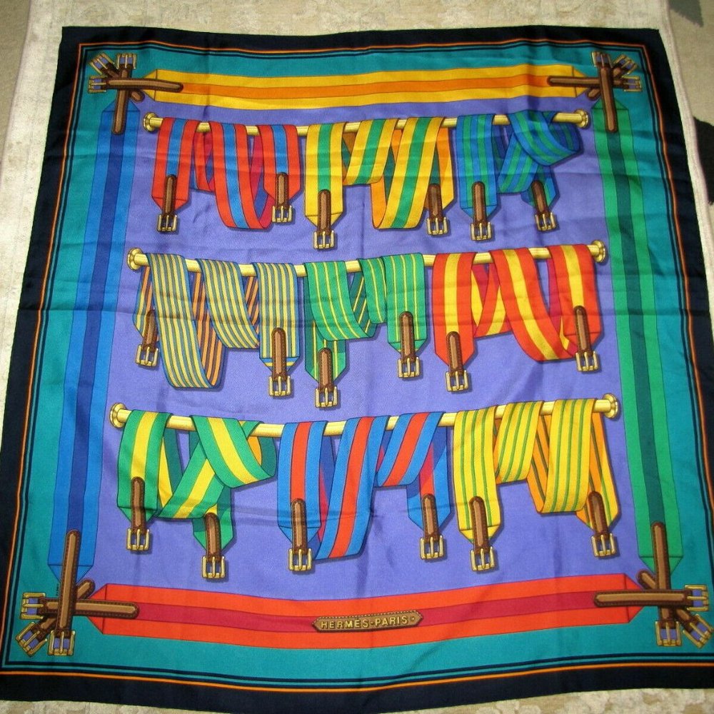 Vintage Hermès Scarf: Les Sangles. Playful Composition by Joachim Metz
